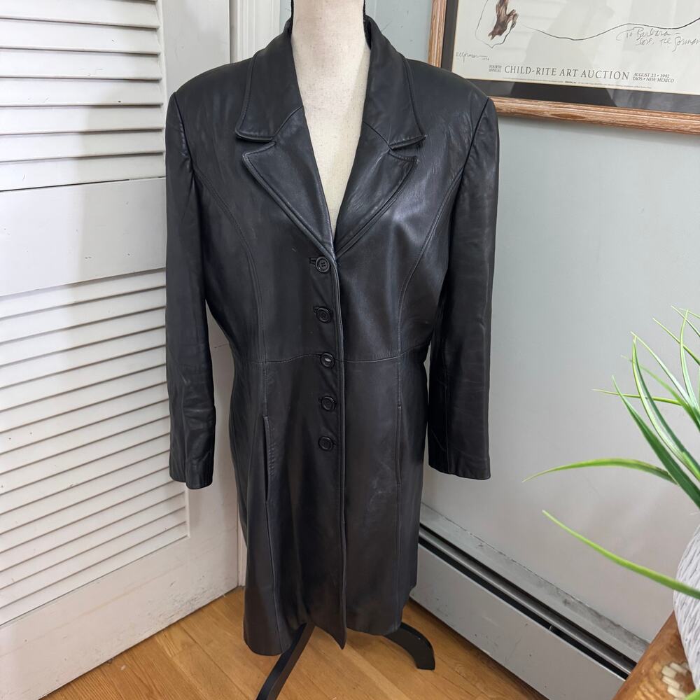 Vintage Ambition Leather Coat Womens Large Black Mid Length Retro 80s City Chic